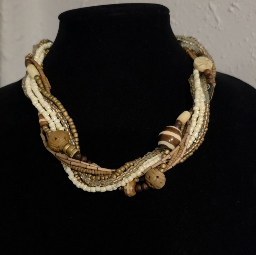 Chico's Multi-Strand Beaded Necklace in Cream and Brown